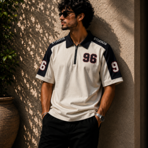 96 Front & Back Embossed Printed Zip Polo Shirt – Premium Fine Terry Fabric